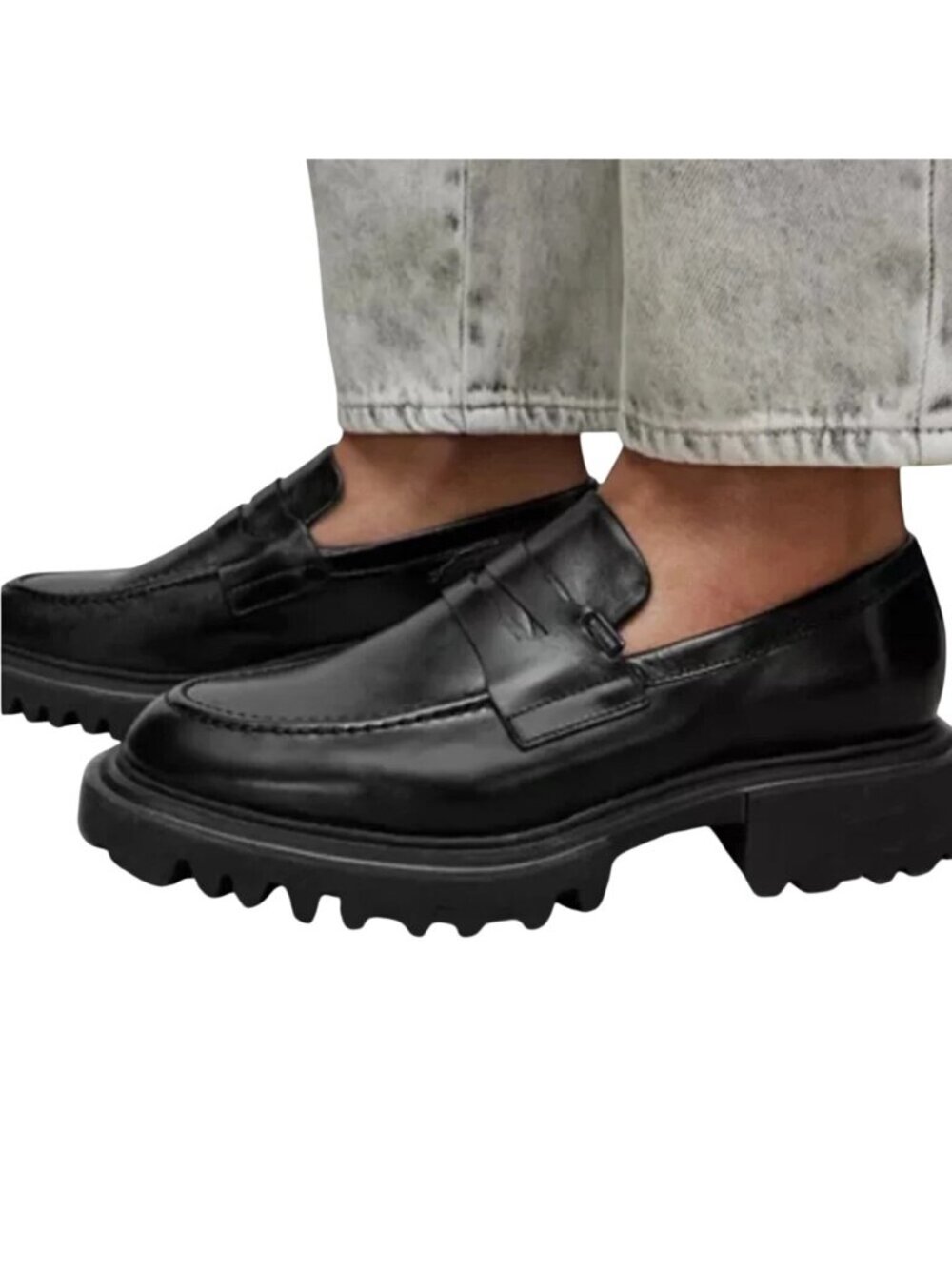 All Saints Black Lola Lugged Chunky Sole Penny Loafers Leather Womens Size 10